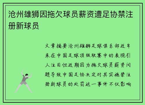 沧州雄狮因拖欠球员薪资遭足协禁注册新球员