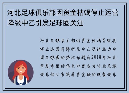 河北足球俱乐部因资金枯竭停止运营降级中乙引发足球圈关注
